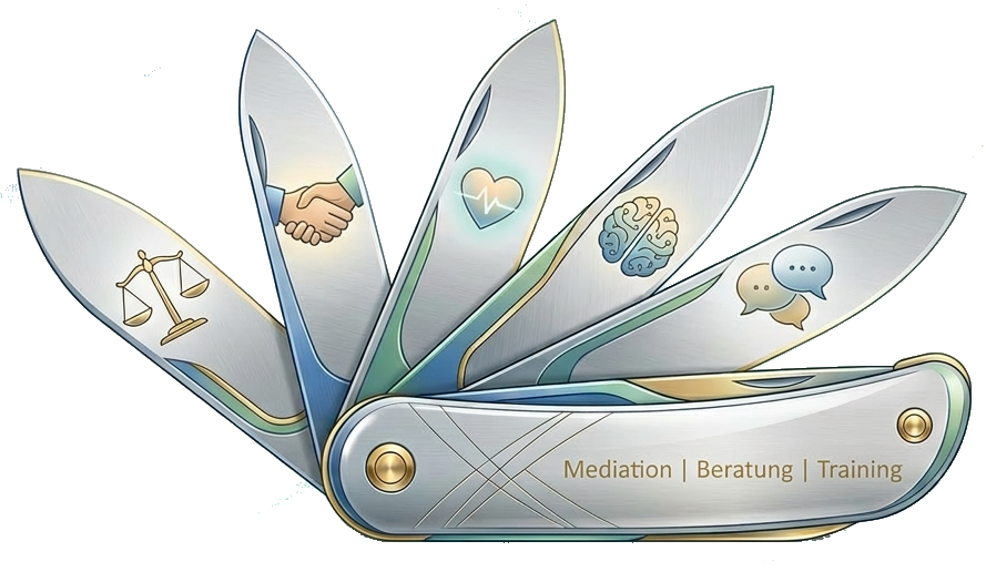 Multitoolwerkzeug Ein mit KI generiertes aufklappbares Taschenmesser. Auf den einzelnen Messerchen sind Symbole, die zum Beratungssetting passen.